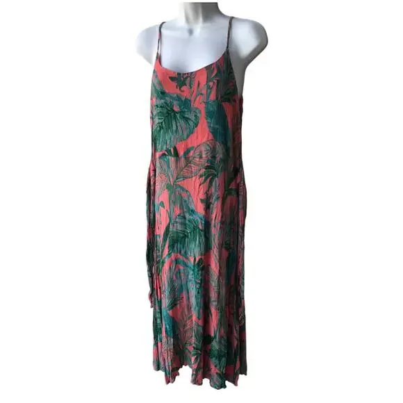 Cynthia Rowley Coral and Green Crinkle Fabric Slip Dress with Side Ties size 12 - Picture 4 of 10